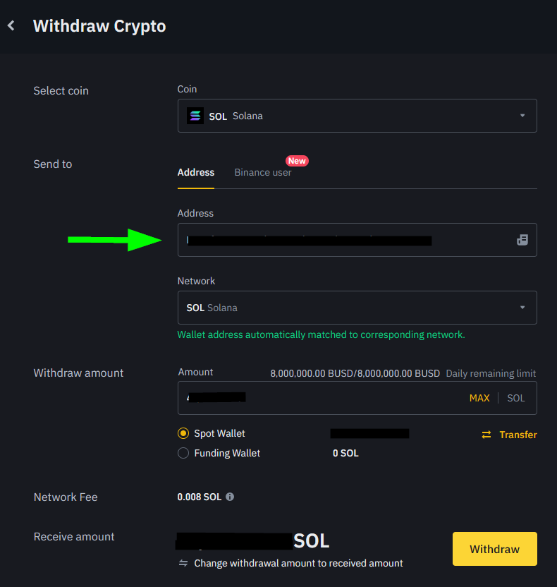 Binance Withdraw Crypto dialog