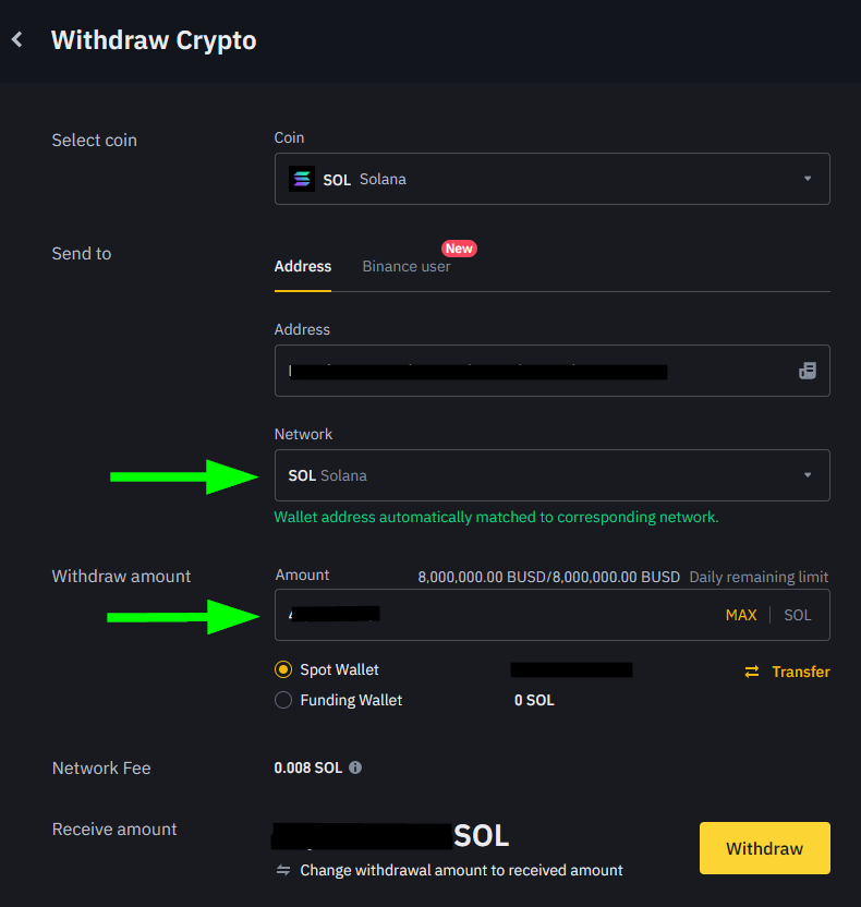Binance Withdraw Crypto dialog